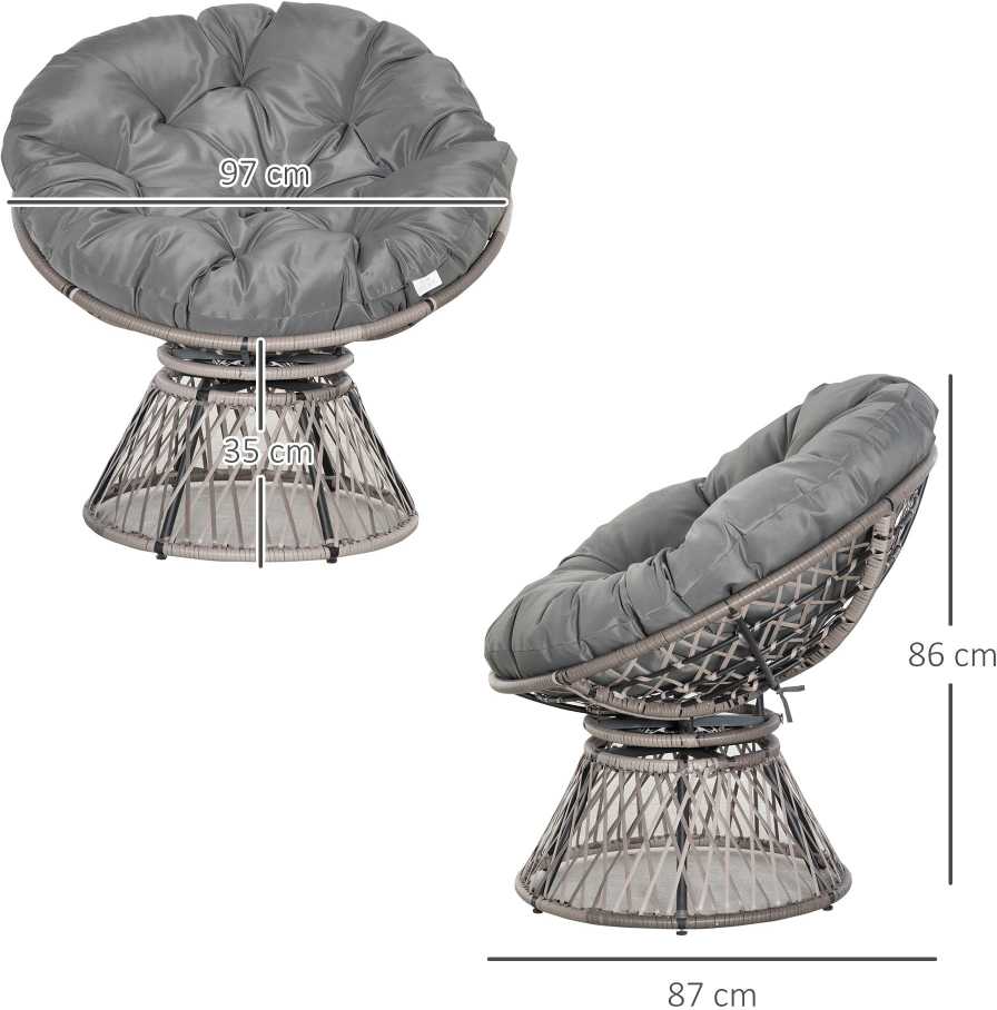 Lauko baldų komplektas "Outsunny" papasano fotelis Pintas fotelis fotelis su pagalvėle 360 laipsnių rotango pilkos spalvos W87 x D97 x H86 cm