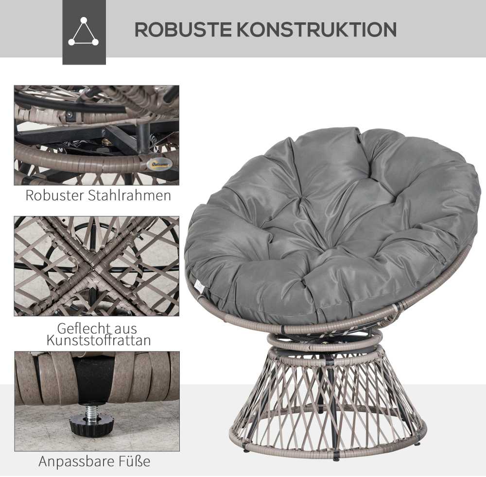 Lauko baldų komplektas "Outsunny" papasano fotelis Pintas fotelis fotelis su pagalvėle 360 laipsnių rotango pilkos spalvos W87 x D97 x H86 cm