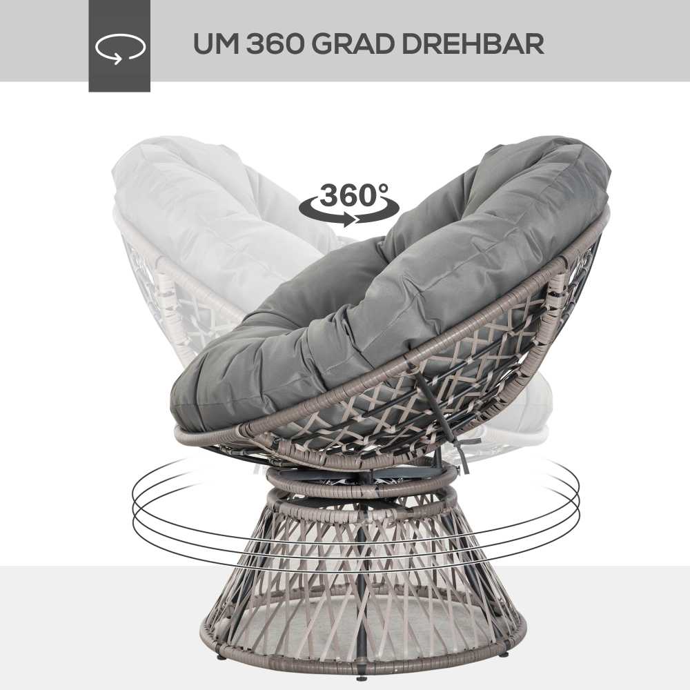 Lauko baldų komplektas "Outsunny" papasano fotelis Pintas fotelis fotelis su pagalvėle 360 laipsnių rotango pilkos spalvos W87 x D97 x H86 cm