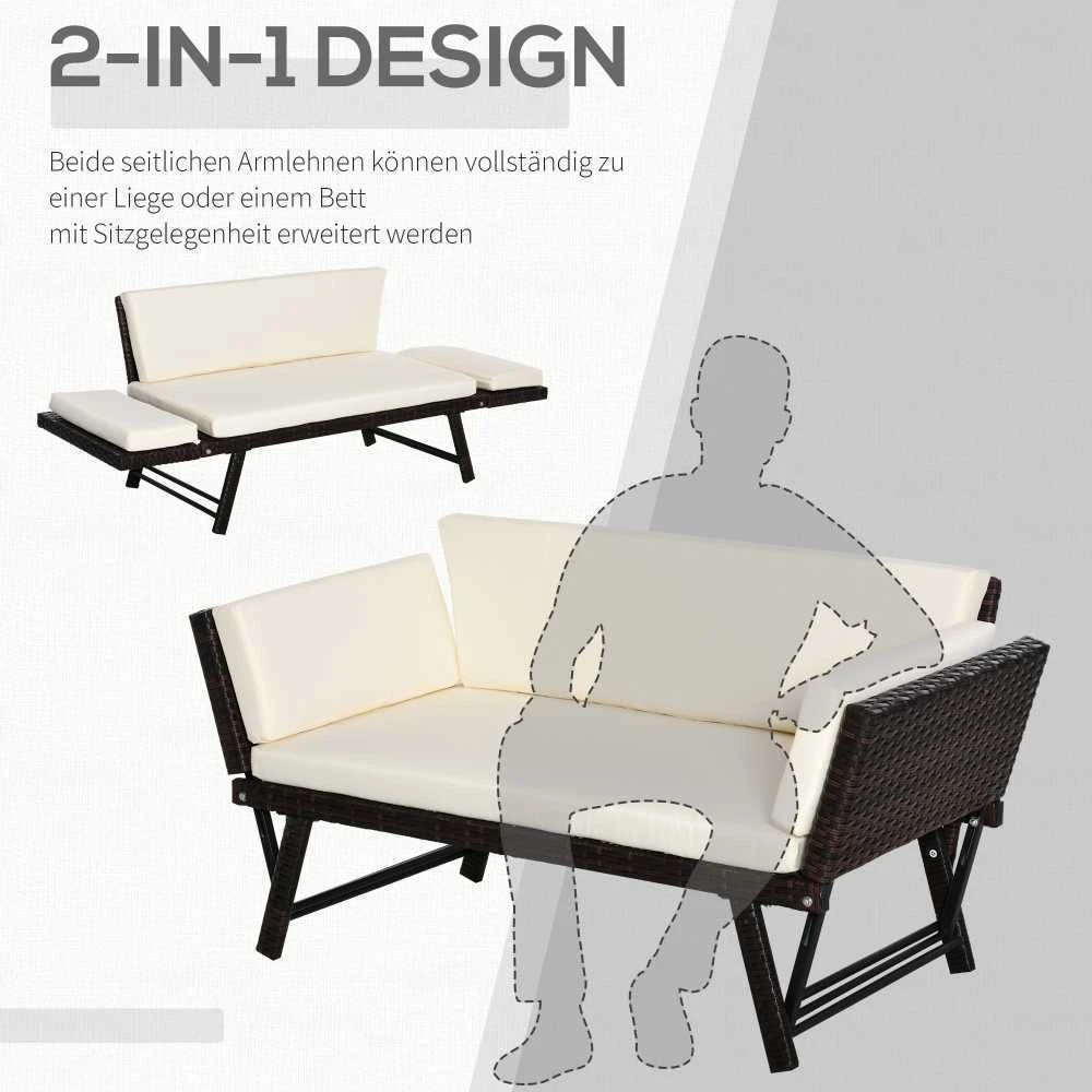 Outsunny poliratano sodo sofa, dvivietė, sodo baldai, poilsio sofa, sodo suoliukas, sulankstoma sodo gultas, porankiai, plienas, ruda, 129 x 63 x 67 cm