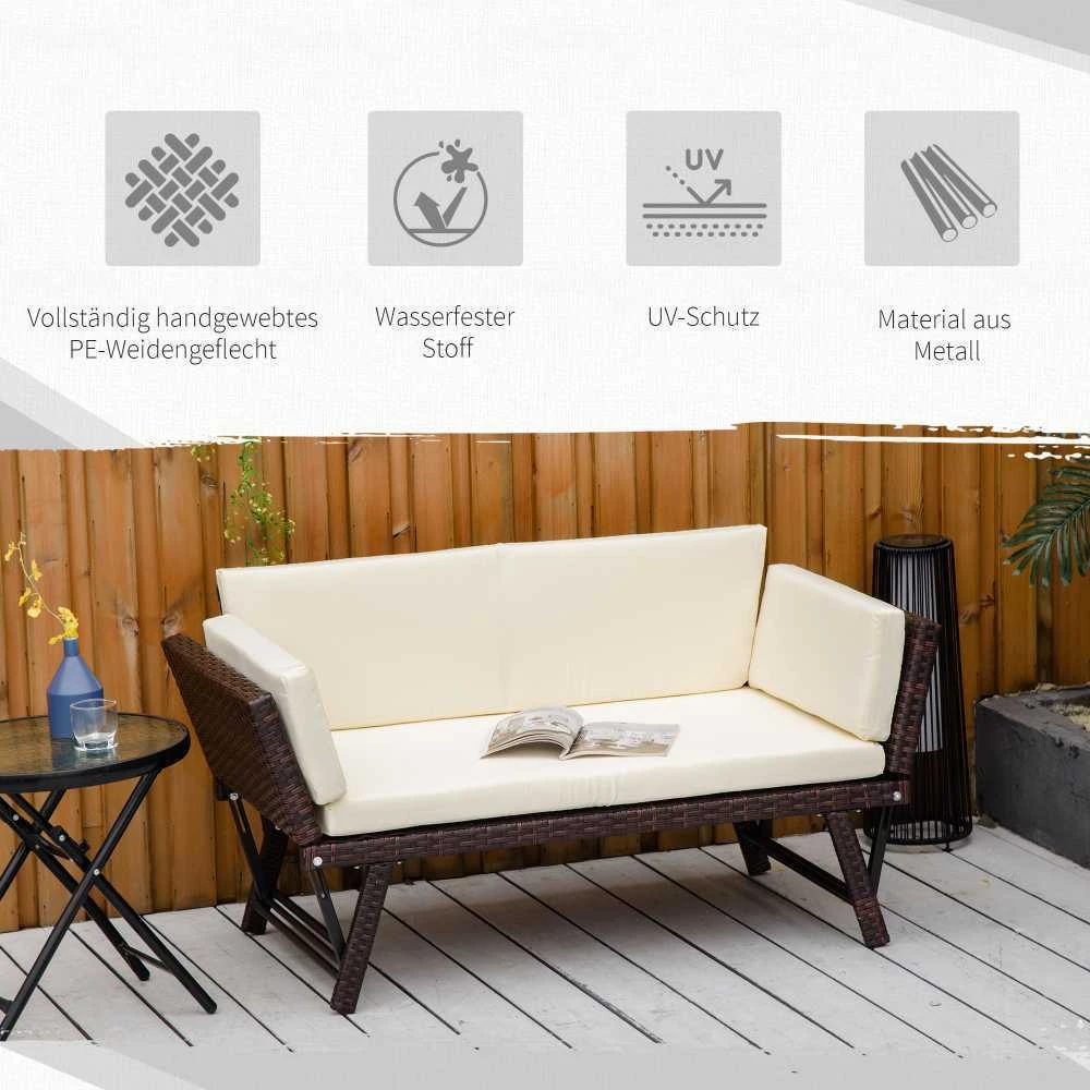 Outsunny poliratano sodo sofa, dvivietė, sodo baldai, poilsio sofa, sodo suoliukas, sulankstoma sodo gultas, porankiai, plienas, ruda, 129 x 63 x 67 cm