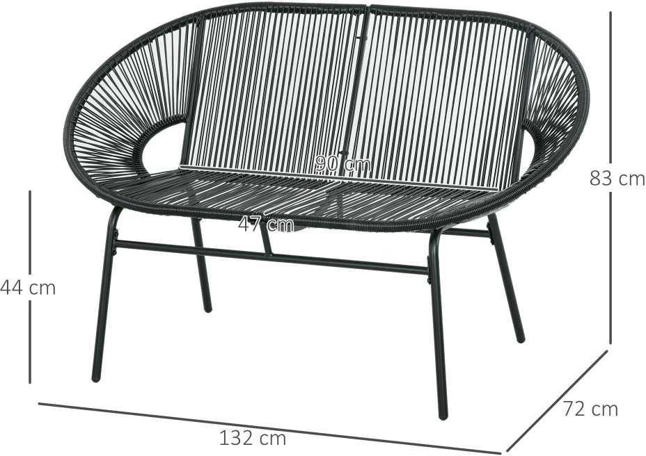 Outsunny 2-vietis polirattano suoliukas, rotango suoliukas, sodo suoliukas, balkono suoliukas iki 260 kg, juodas, plieno, terasai ir balkonui