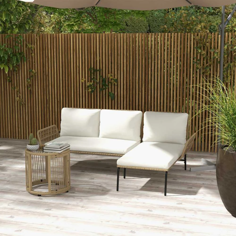 Lauko baldų komplektas Outsunny Rotango sodo baldų komplektas, sodo baldų rinkinys su gultu, kavos staliuku, dviviete sofa ir sėdynės pagalvėlėmis, kreminės spalvos