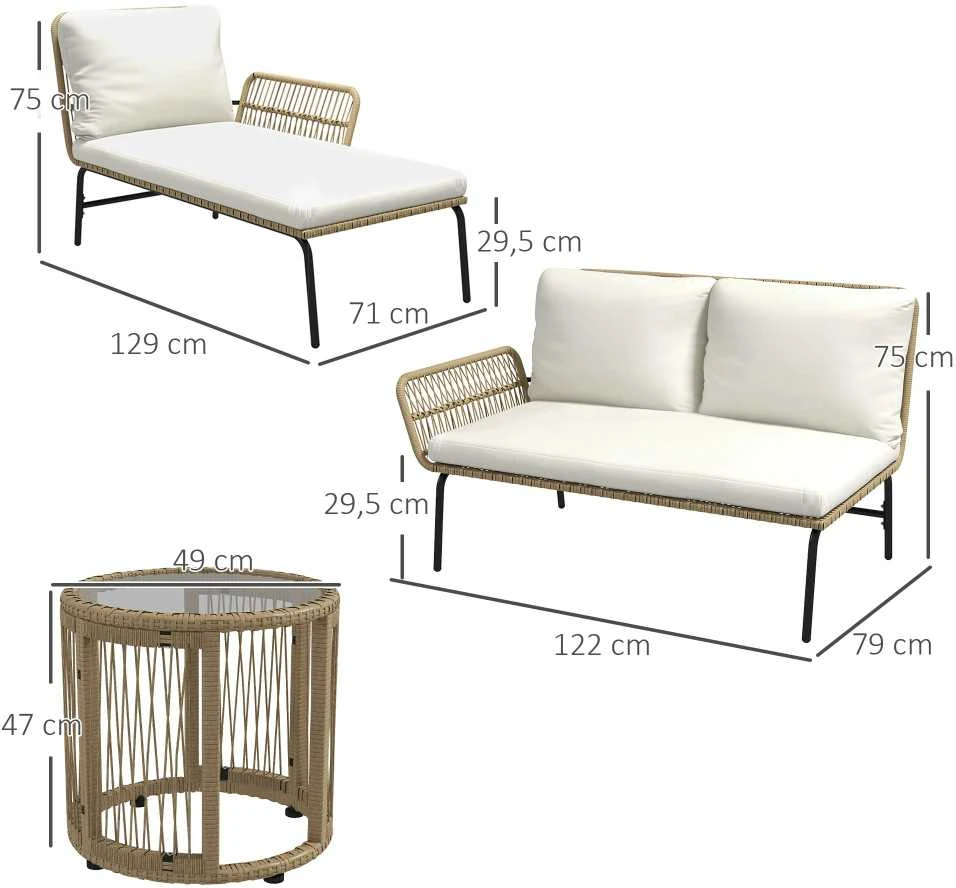 Lauko baldų komplektas Outsunny Rotango sodo baldų komplektas, sodo baldų rinkinys su gultu, kavos staliuku, dviviete sofa ir sėdynės pagalvėlėmis, kreminės spalvos