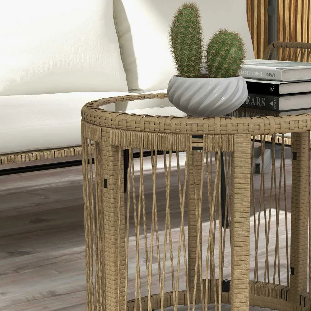 Lauko baldų komplektas Outsunny Rotango sodo baldų komplektas, sodo baldų rinkinys su gultu, kavos staliuku, dviviete sofa ir sėdynės pagalvėlėmis, kreminės spalvos