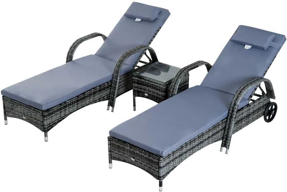 Lauko baldų komplektas „Outsunny“ sodo gultų ir stalo komplektas (3 dalių), dirbtinis ratanas + metalas, pilkas