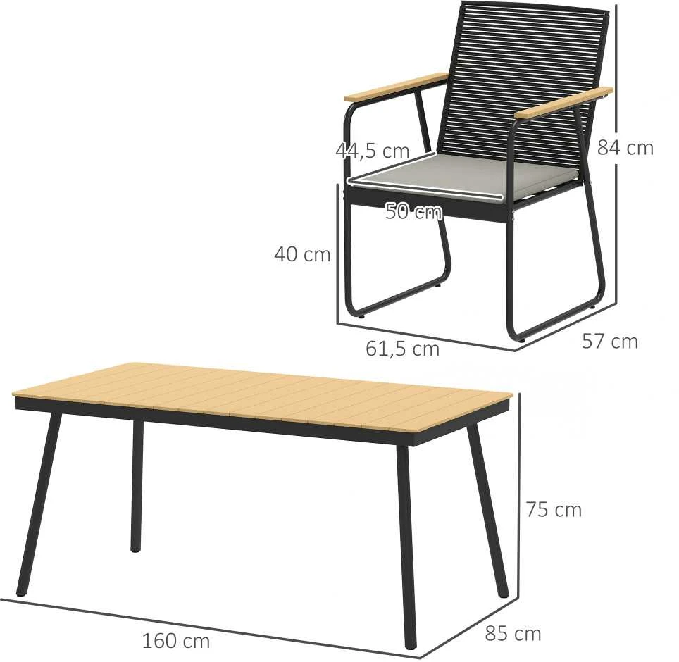 Lauko baldų komplektas Outsunny 7 dalių sėdimų baldų komplektas, metalinis valgomojo komplektas 6 asmenims, valgomasis stalas su 6 kėdėmis, virtuvės baldų komplektas su metaliniu rėmu, balkono baldai, sodo baldai terasai, natūralaus medžio spalvos