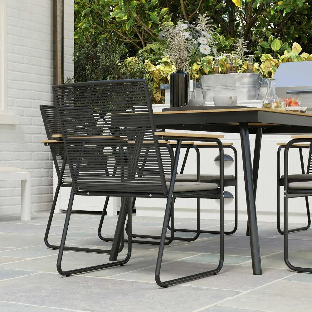 Lauko baldų komplektas Outsunny 7 dalių sėdimų baldų komplektas, metalinis valgomojo komplektas 6 asmenims, valgomasis stalas su 6 kėdėmis, virtuvės baldų komplektas su metaliniu rėmu, balkono baldai, sodo baldai terasai, natūralaus medžio spalvos