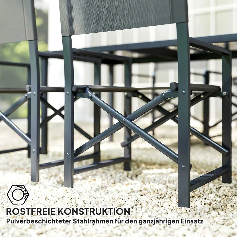 Lauko baldų komplektas „Outsunny“ 5 dalių sėdimųjų baldų komplektas, valgomojo komplektas iš plieno 4 asmenims, valgomojo stalas su 4 sulankstomomis kėdėmis, valgomojo baldų komplektas su stikliniu stalu, virtuvės stalo komplektas, balkono baldai, sodo baldai terasai, balkonui, pilkas