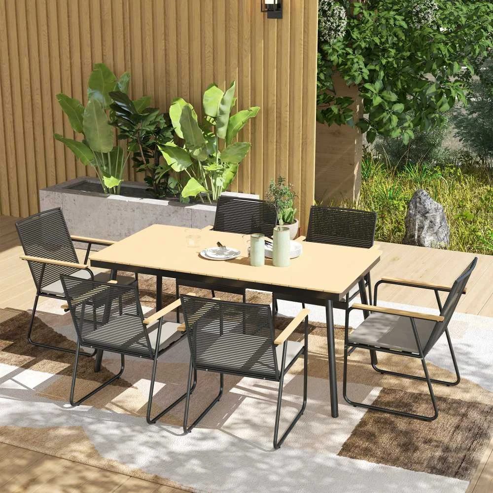 Lauko baldų komplektas Outsunny 7 dalių sėdimų baldų komplektas, metalinis valgomojo komplektas 6 asmenims, valgomasis stalas su 6 kėdėmis, virtuvės baldų komplektas su metaliniu rėmu, balkono baldai, sodo baldai terasai, natūralaus medžio spalvos