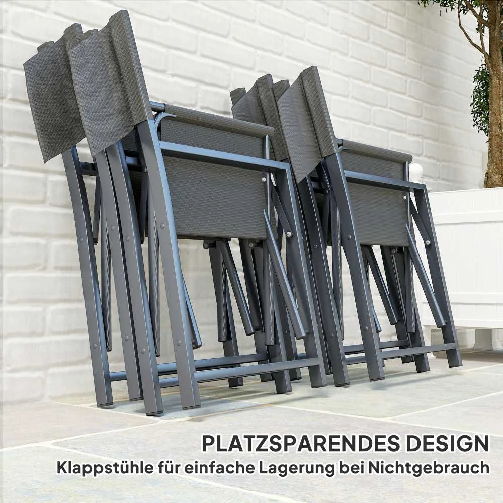 Lauko baldų komplektas „Outsunny“ 5 dalių sėdimųjų baldų komplektas, valgomojo komplektas iš plieno 4 asmenims, valgomojo stalas su 4 sulankstomomis kėdėmis, valgomojo baldų komplektas su stikliniu stalu, virtuvės stalo komplektas, balkono baldai, sodo baldai terasai, balkonui, pilkas