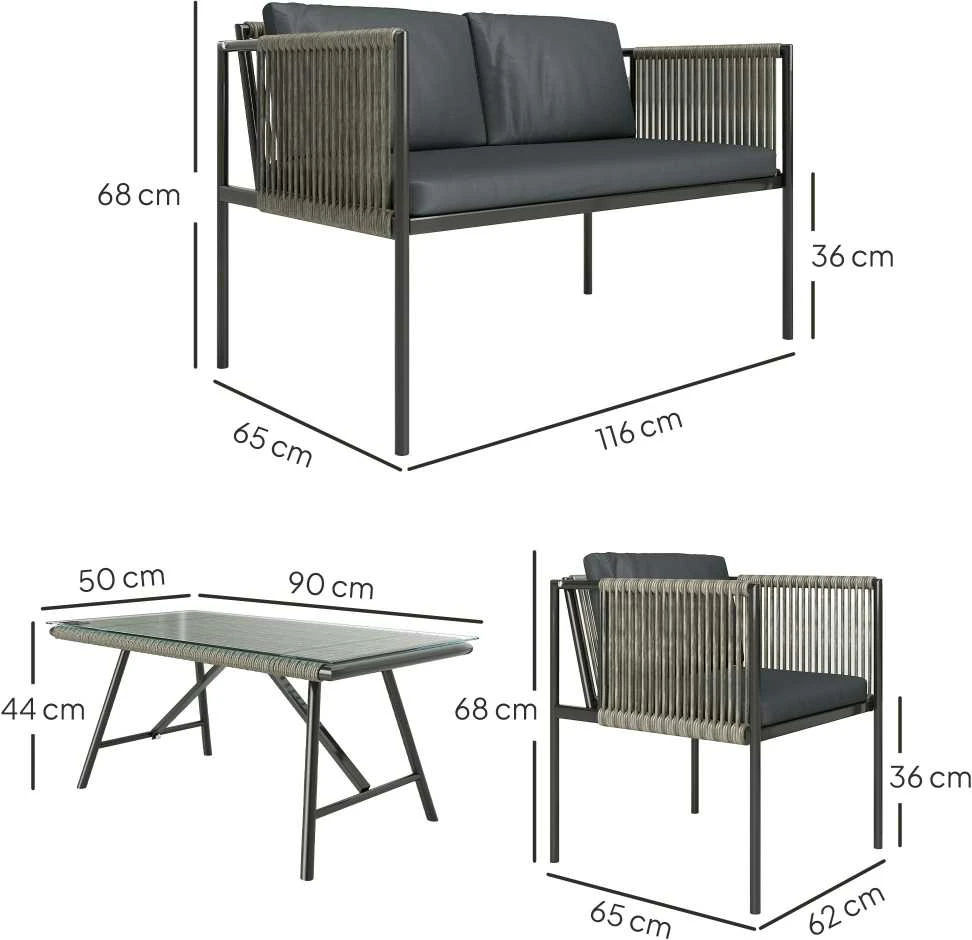 Lauko baldų komplektas „Outsunny“ polirango sodo baldų komplektas, poilsio baldų rinkinys su 2 vietų sofa, foteliu, stikliniu stalu, pagalvėlėmis, atsparus oro sąlygoms, balkonų baldai 4 asmenims, lauko sėdimoji grupė, terasos baldai sodui, balkonui, pilkas