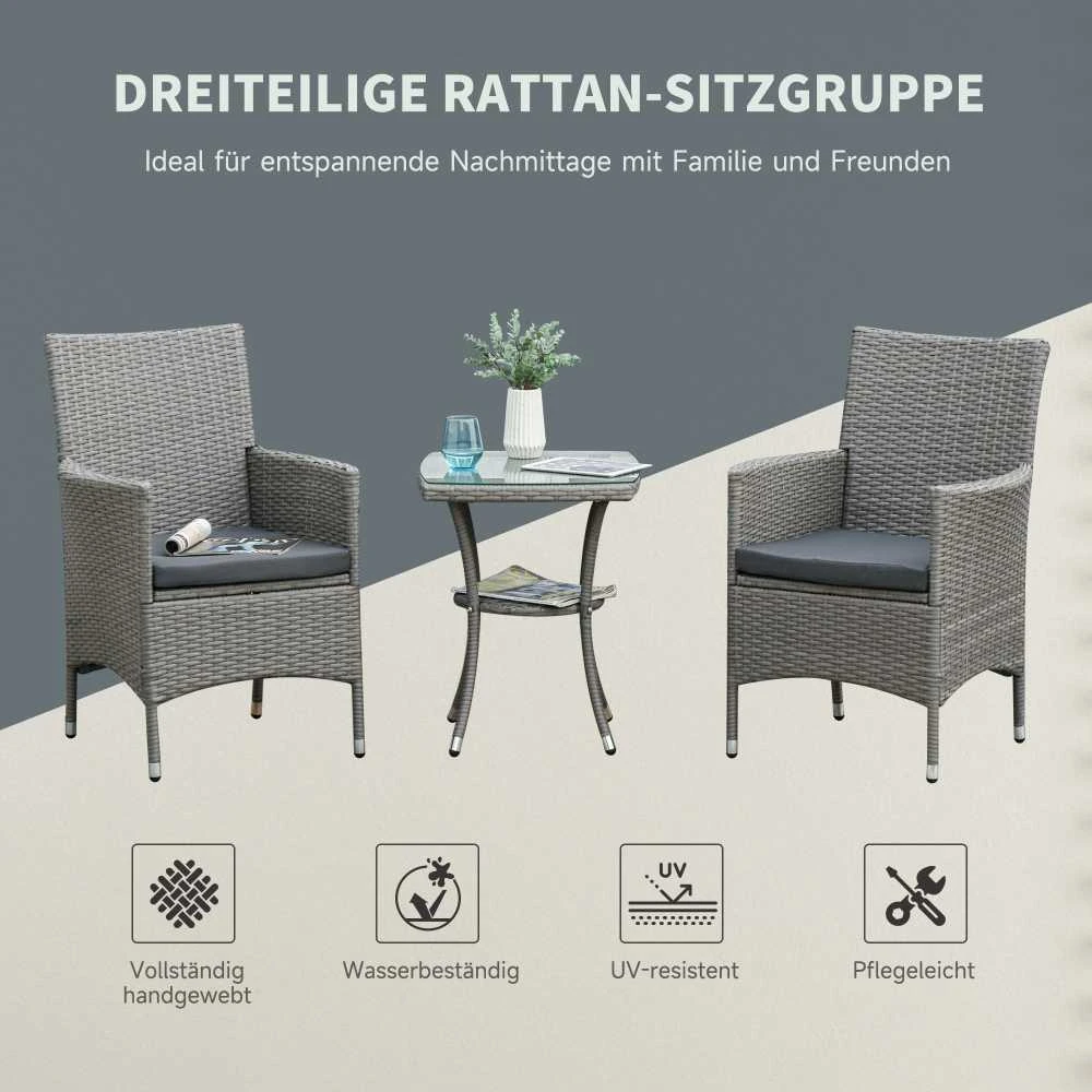 Lauko baldų komplektas „Outsunny“ rotango sodo baldų komplektas su šoniniu staliuku, bistro rinkinys, 3 dalių, balkono baldų rinkinys, rotango sodo komplektas, sėdimųjų baldų komplektas, polirotangas ir plienas, 60x58,5x89,5 cm