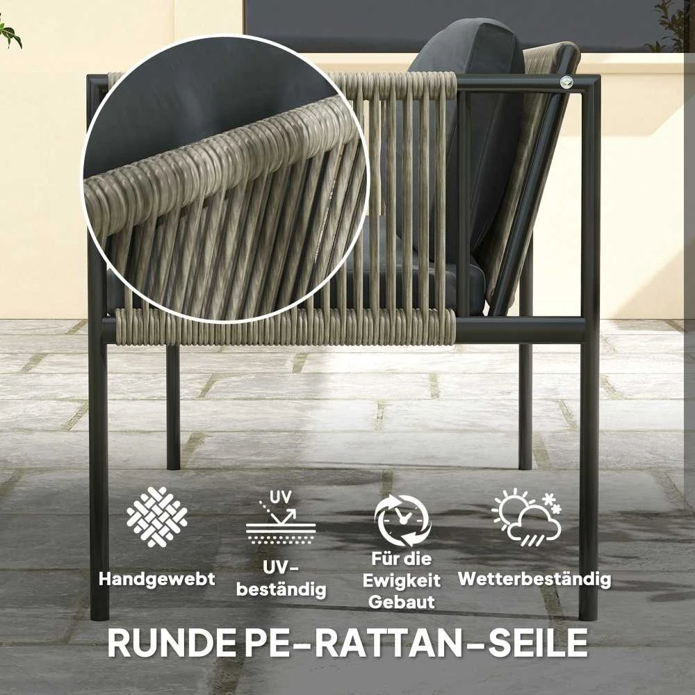 Lauko baldų komplektas „Outsunny“ polirango sodo baldų komplektas, poilsio baldų rinkinys su 2 vietų sofa, foteliu, stikliniu stalu, pagalvėlėmis, atsparus oro sąlygoms, balkonų baldai 4 asmenims, lauko sėdimoji grupė, terasos baldai sodui, balkonui, pilkas