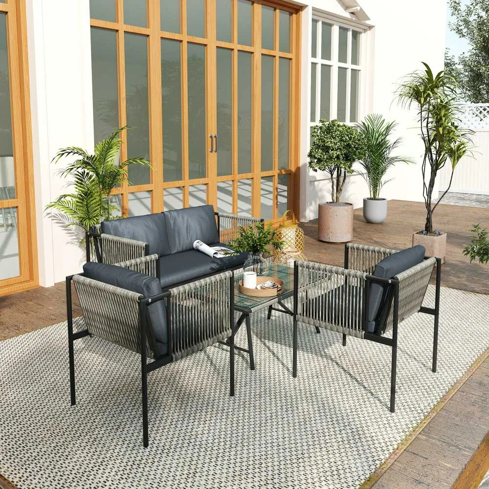 Lauko baldų komplektas „Outsunny“ polirango sodo baldų komplektas, poilsio baldų rinkinys su 2 vietų sofa, foteliu, stikliniu stalu, pagalvėlėmis, atsparus oro sąlygoms, balkonų baldai 4 asmenims, lauko sėdimoji grupė, terasos baldai sodui, balkonui, pilkas