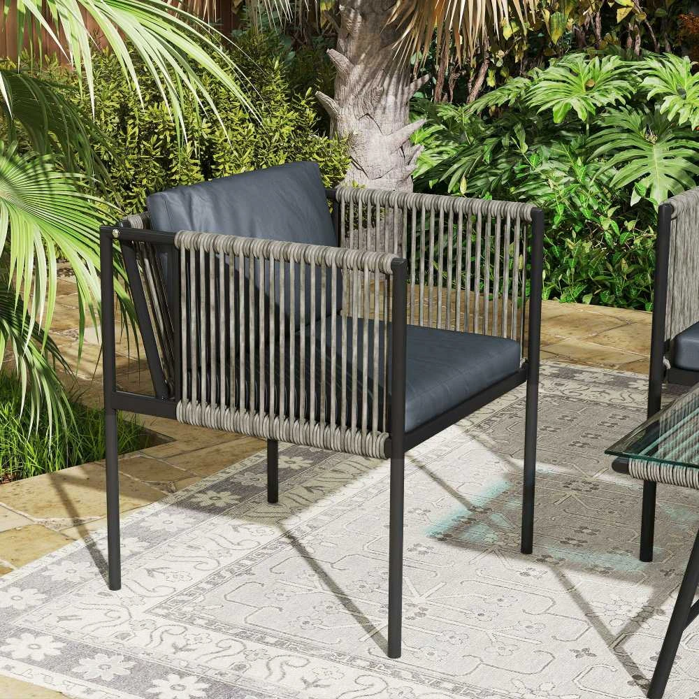 Lauko baldų komplektas „Outsunny“ polirango sodo baldų komplektas, poilsio baldų rinkinys su 2 vietų sofa, foteliu, stikliniu stalu, pagalvėlėmis, atsparus oro sąlygoms, balkonų baldai 4 asmenims, lauko sėdimoji grupė, terasos baldai sodui, balkonui, pilkas