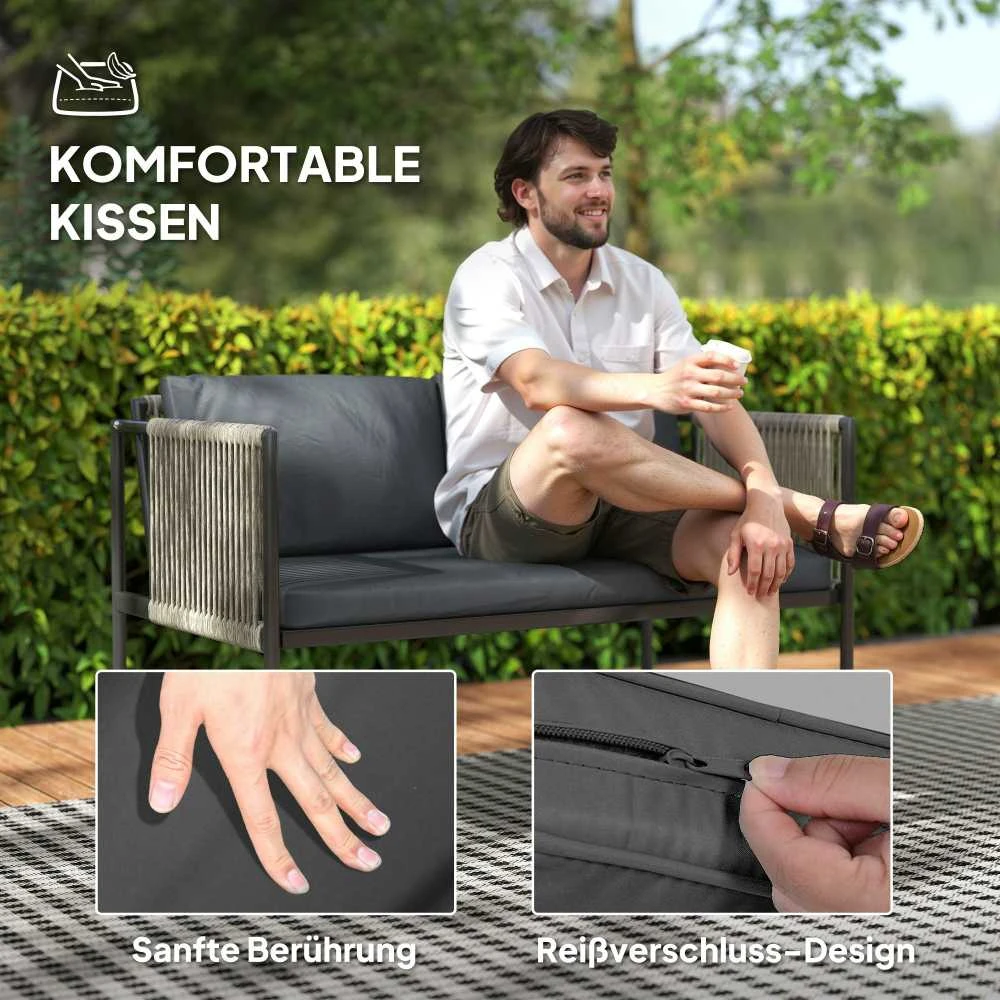 Lauko baldų komplektas „Outsunny“ polirango sodo baldų komplektas, poilsio baldų rinkinys su 2 vietų sofa, foteliu, stikliniu stalu, pagalvėlėmis, atsparus oro sąlygoms, balkonų baldai 4 asmenims, lauko sėdimoji grupė, terasos baldai sodui, balkonui, pilkas