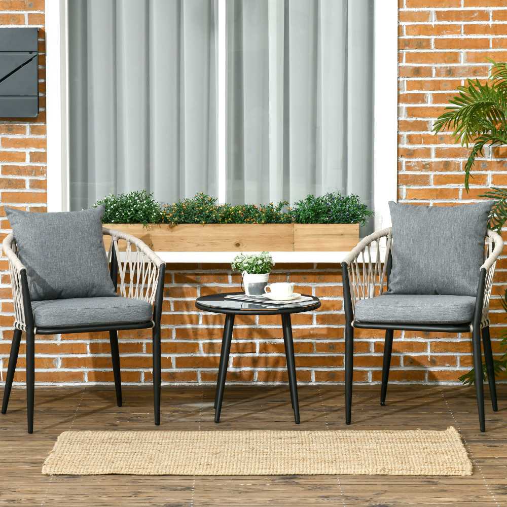 Lauko baldų komplektas Outsunny Stalas, 2 kėdės su sėdimąja pagalve, balkono komplektas, plienas, pilka