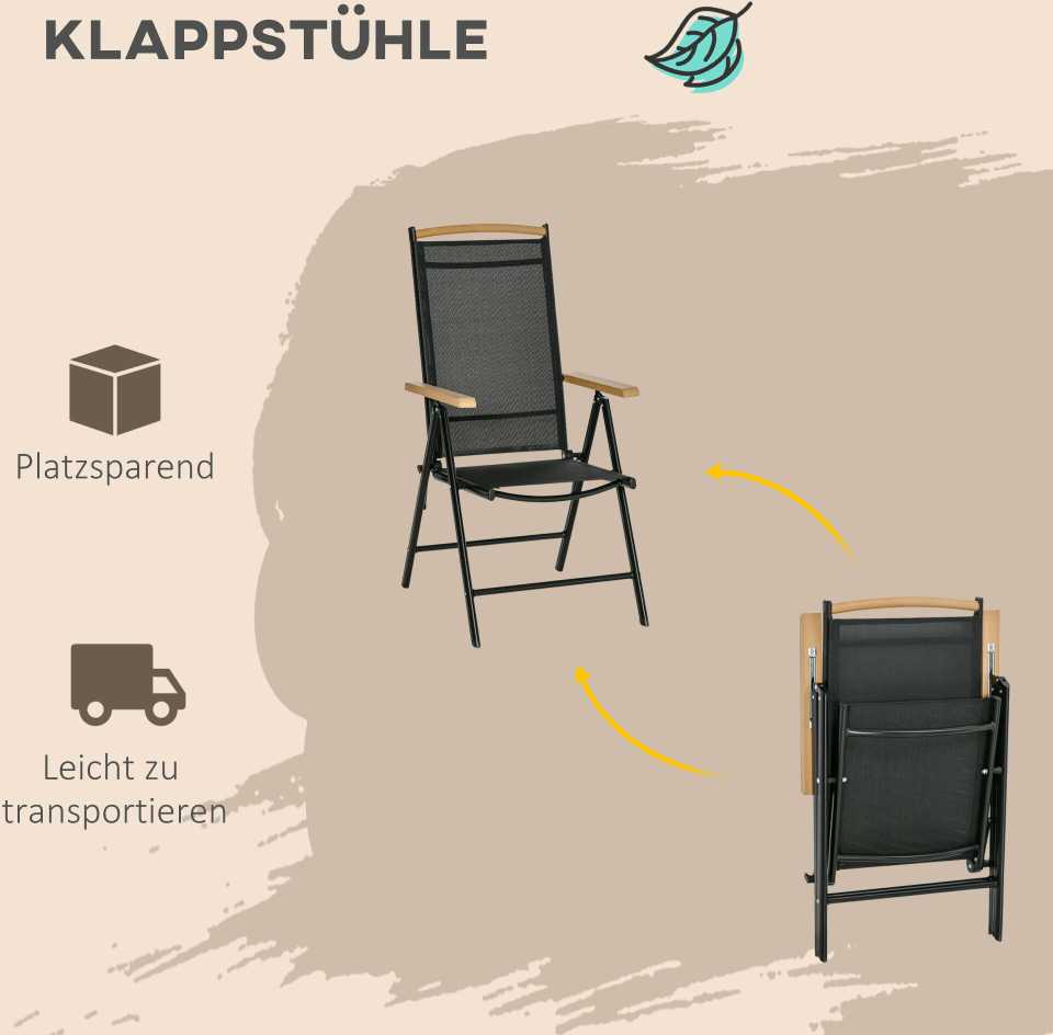 Lauko baldų komplektas Outsunny sulankstomas 6 vietų sodo baldų komplektas, 1 stalas + 6 kėdės, aliuminis, tinklelis, juodas