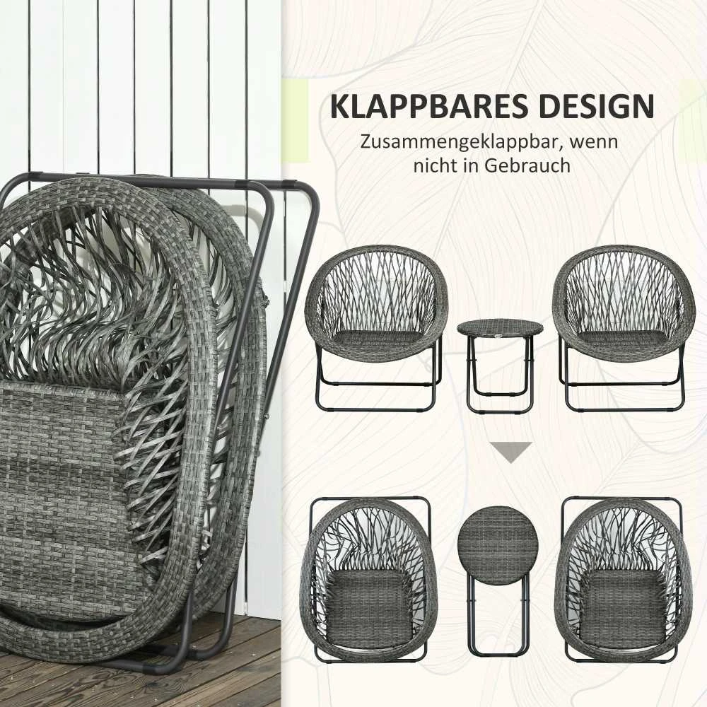 Lauko baldų komplektas Outsunny Sulankstomas sodo baldų komplektas su kavos staliuku ir 2 kėdėmis, balkono komplektas su pagalvėlėmis, plienas, pilkas
