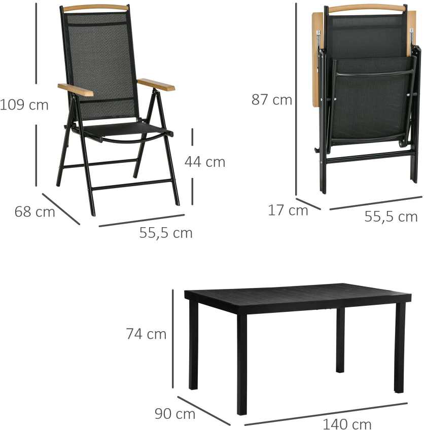 Lauko baldų komplektas Outsunny sulankstomas 6 vietų sodo baldų komplektas, 1 stalas + 6 kėdės, aliuminis, tinklelis, juodas