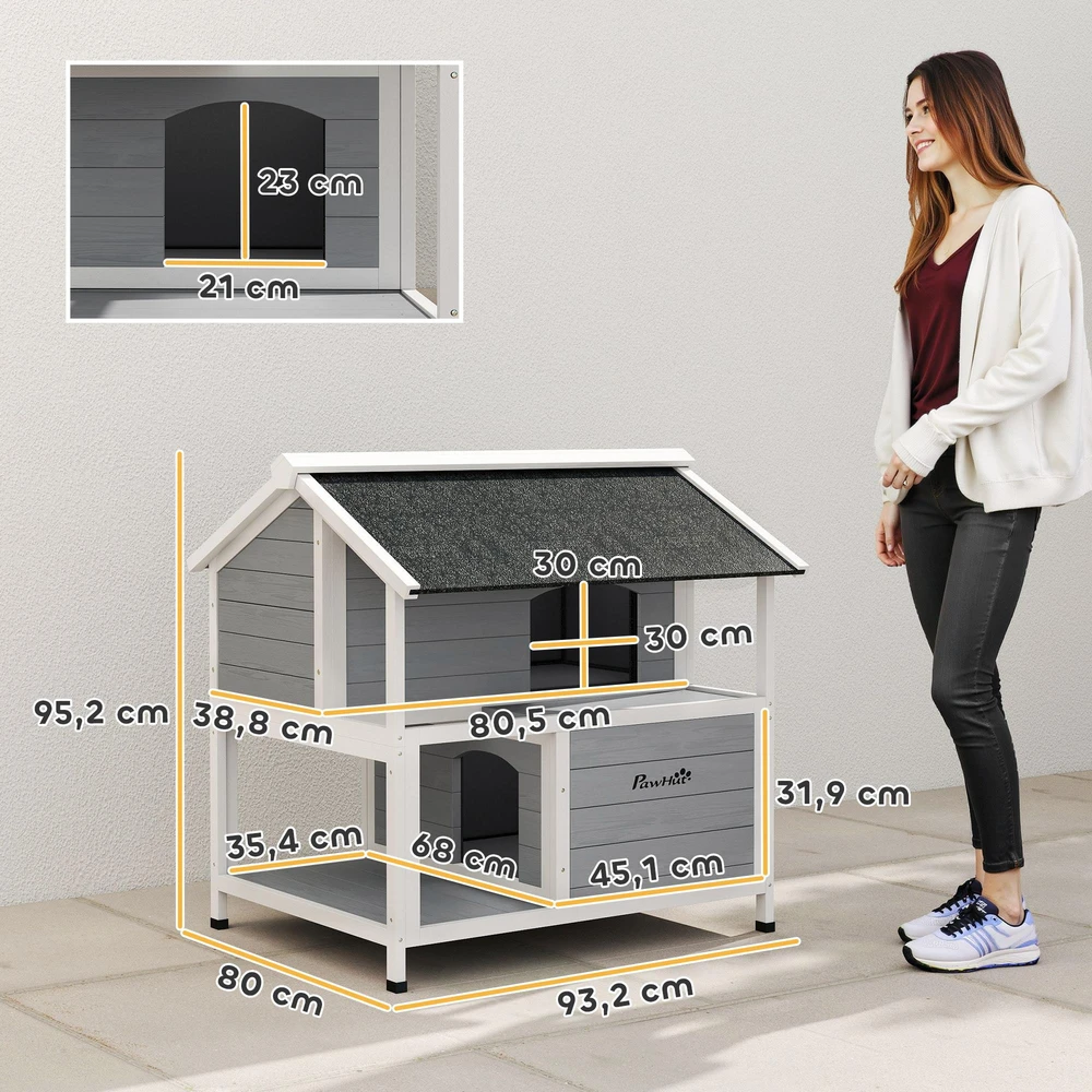 Lauko kačių namelis, prieglobstis katėms lauke, atsparus vandeniui, atidaromas stogas, eglės mediena, 80 x 93 x 95, pilkas