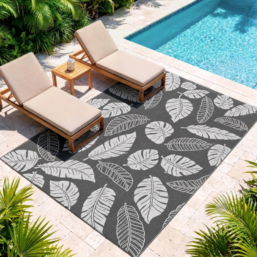 Lauko kilimas Outsunny, atsparus oro sąlygoms plastikinis kilimas, dvipusis dizainas balkonui ir terasai, pilka+balta, 182x274cm