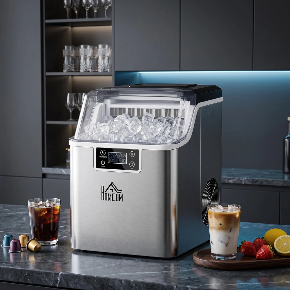 HOMCOM ledo kubelių gaminimo aparatas 20 kg/24h, 2,3 l talpos su 3,2 l vandens baku, savaiminio išsivalymo funkcija, nerūdijantis plienas, sidabrinė, 25,2 x 36 x 37,1 cm
