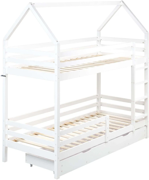 Lova Beliani Dviaukštė lovelė su stalčiais namelio formos GIRGOLS 90 x 200 cm, pušies mediena, balta