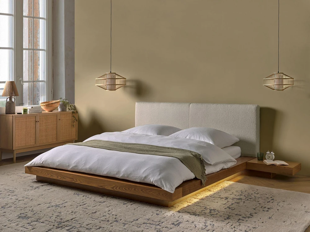 Beliani LED lovos rėmas su boucle ZEN 160 x 200 cm LED natūralus uosis