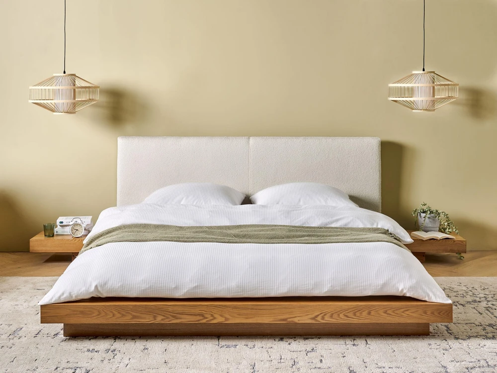 Beliani LED lovos rėmas su boucle ZEN 160 x 200 cm LED natūralus uosis