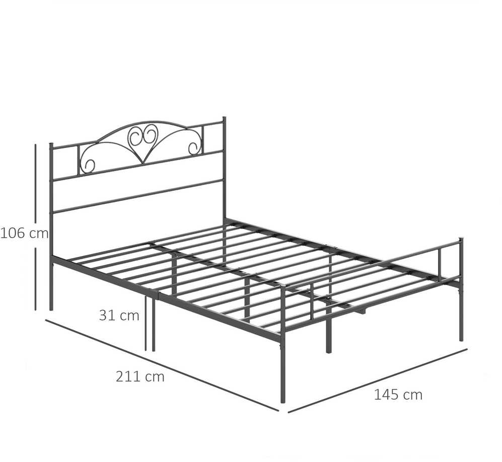 Lova HOMCOM Metalinis lovos rėmas su galvūgaliu, 300 kg keliamoji galia, 145I x 211P x 106A cm, juodas
