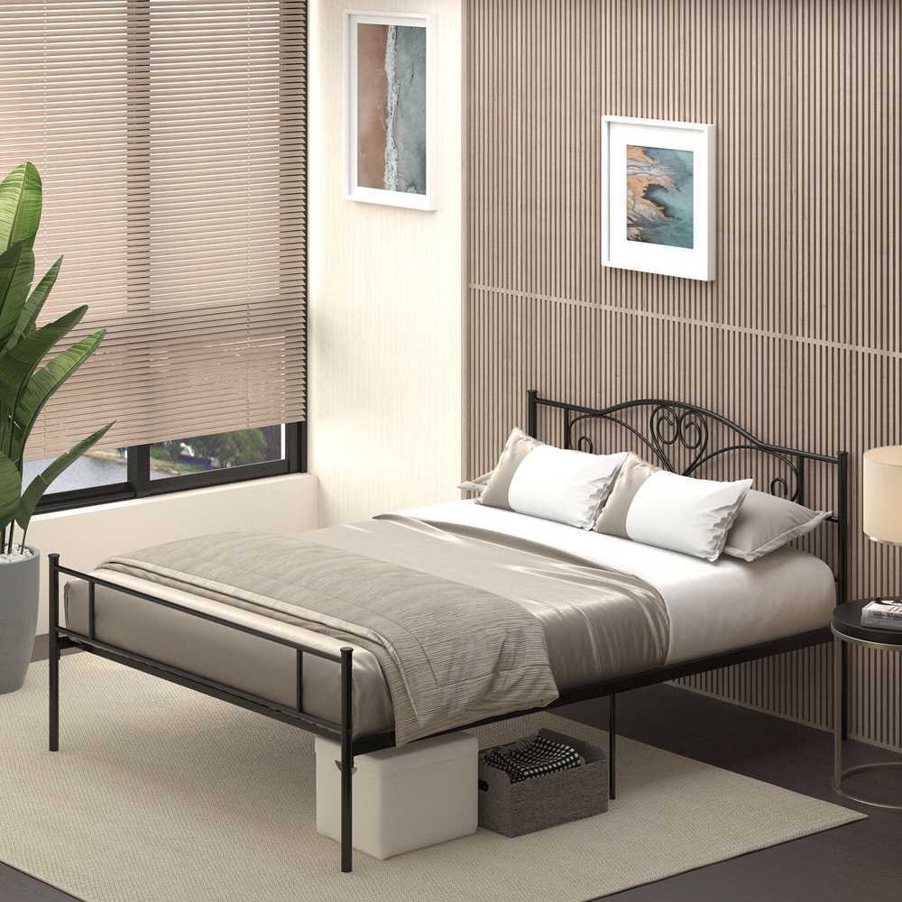 Lova HOMCOM Metalinis lovos rėmas su galvūgaliu, 300 kg keliamoji galia, 145I x 211P x 106A cm, juodas