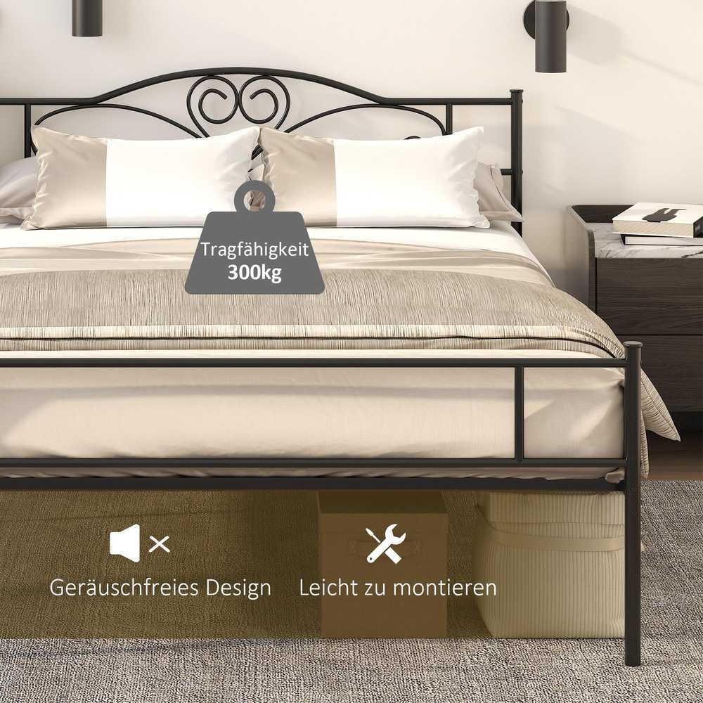 Lova HOMCOM Metalinis lovos rėmas su galvūgaliu, 300 kg keliamoji galia, 145I x 211P x 106A cm, juodas