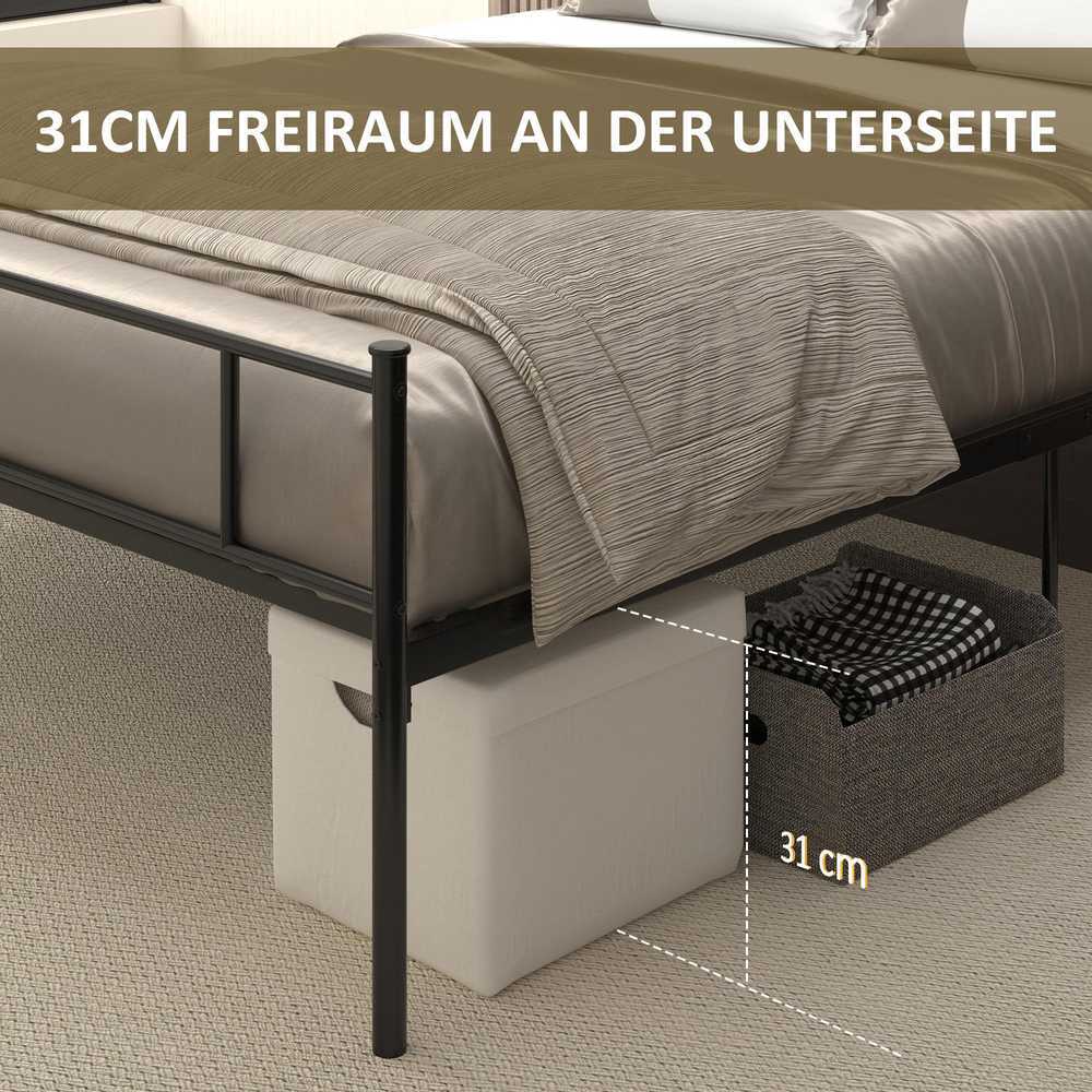 Lova HOMCOM Metalinis lovos rėmas su galvūgaliu, 300 kg keliamoji galia, 145I x 211P x 106A cm, juodas