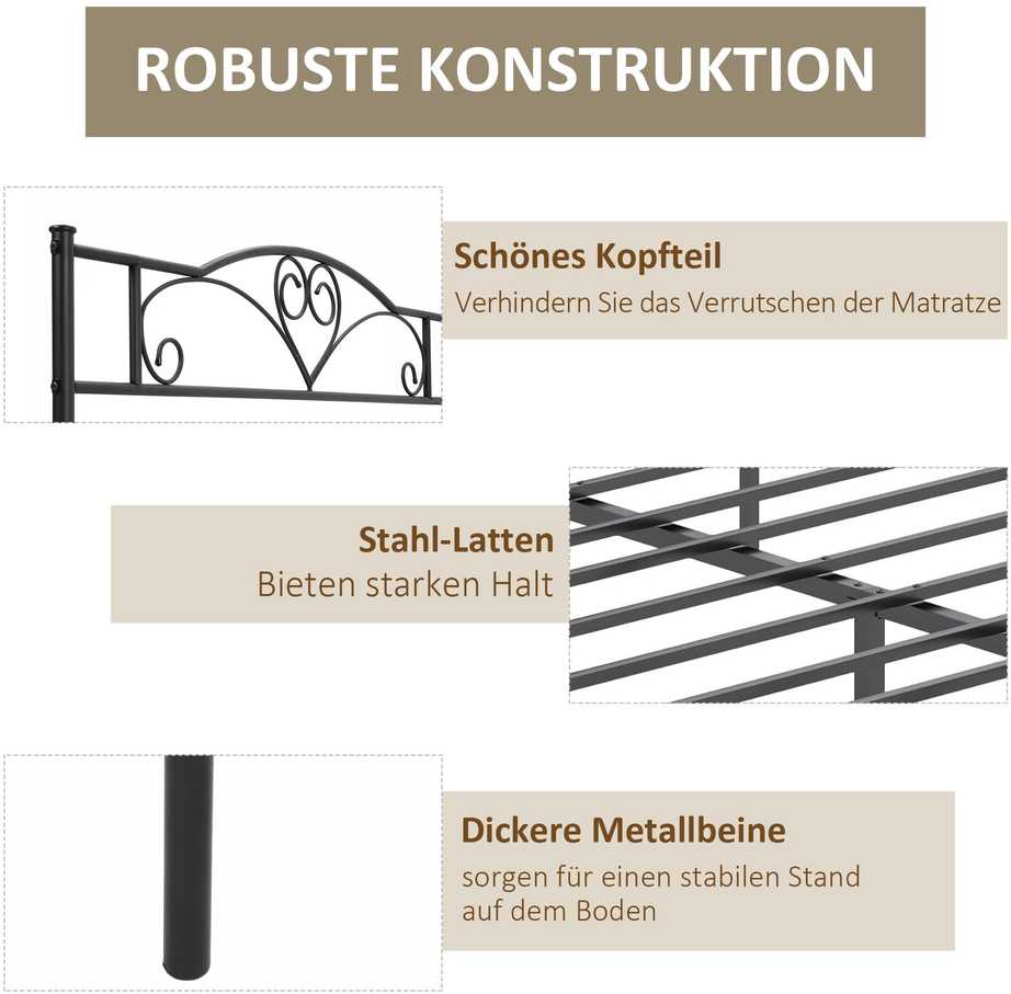 Lova HOMCOM Metalinis lovos rėmas su galvūgaliu, 300 kg keliamoji galia, 145I x 211P x 106A cm, juodas