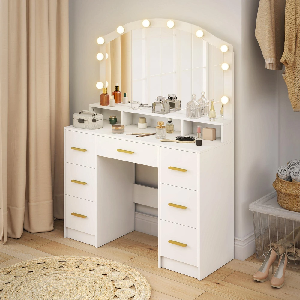 Kosmetinis staliukas su 10 LED Holivudo stiliaus lempučių, veidrodžiu, 7 stalčiais, 3 skyriais, MDF, baltas