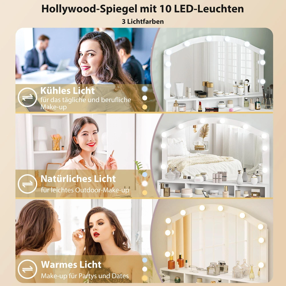 Kosmetinis staliukas su 10 LED Holivudo stiliaus lempučių, veidrodžiu, 7 stalčiais, 3 skyriais, MDF, baltas
