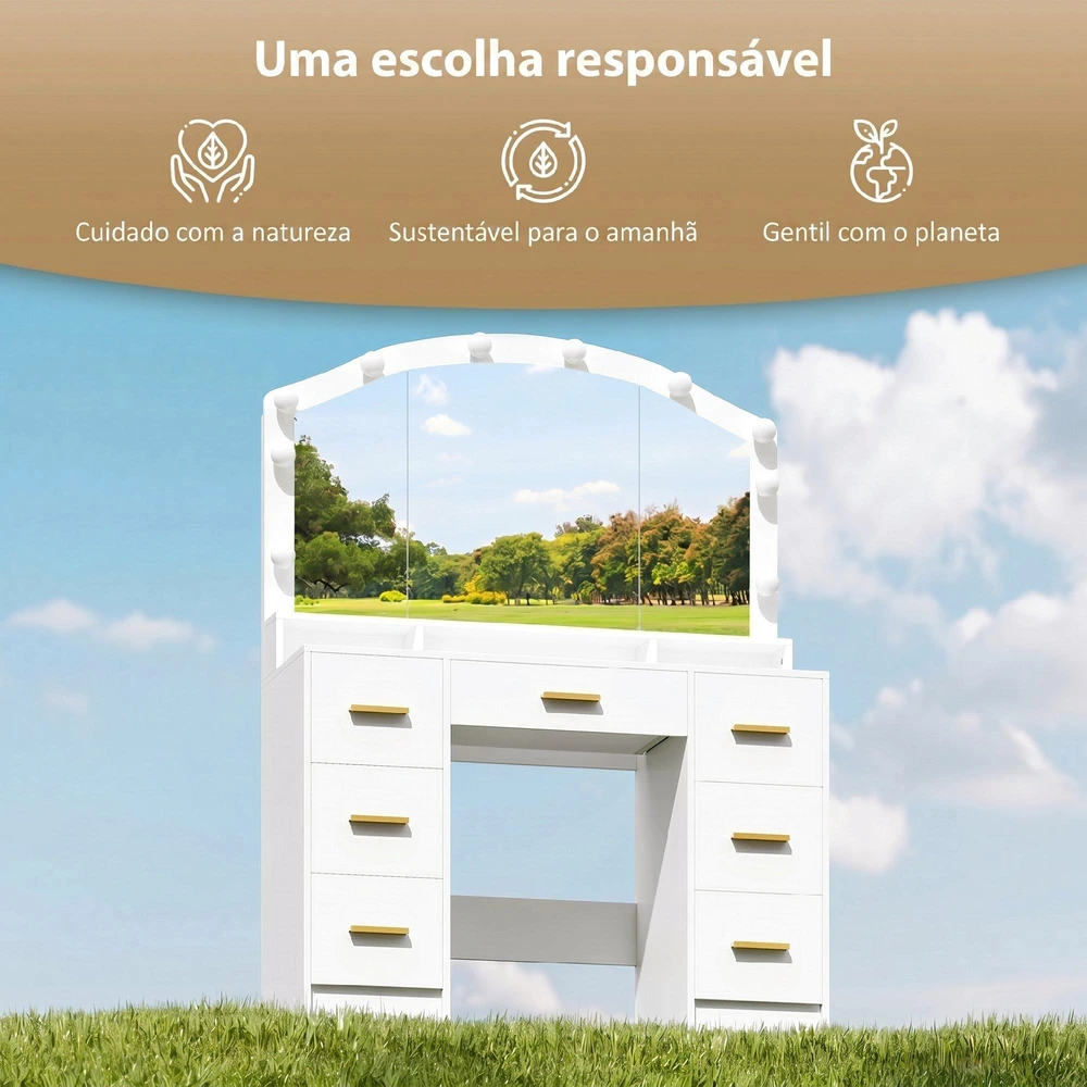 Kosmetinis staliukas su 10 LED Holivudo stiliaus lempučių, veidrodžiu, 7 stalčiais, 3 skyriais, MDF, baltas
