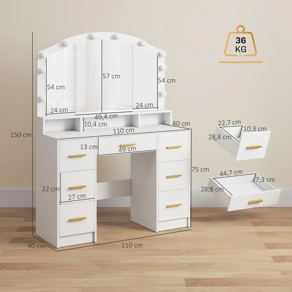 Kosmetinis staliukas su 10 LED Holivudo stiliaus lempučių, veidrodžiu, 7 stalčiais, 3 skyriais, MDF, baltas