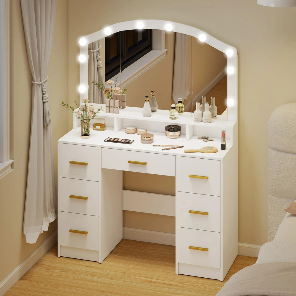 Kosmetinis staliukas su 10 LED Holivudo stiliaus lempučių, veidrodžiu, 7 stalčiais, 3 skyriais, MDF, baltas