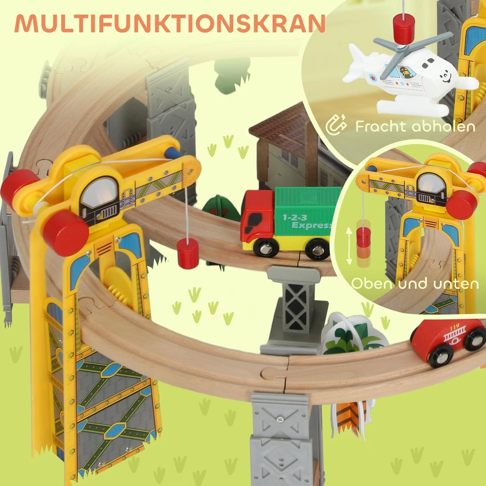 Medinis traukinio rinkinys, 100 dalių, magnetinis kranas, buko mediena, spalvotas