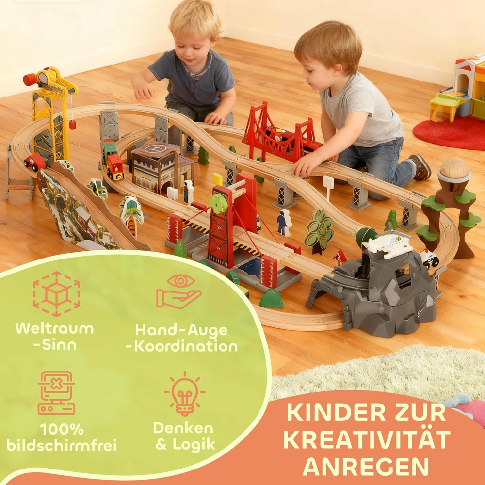 Medinis traukinio rinkinys, 100 dalių, magnetinis kranas, buko mediena, spalvotas