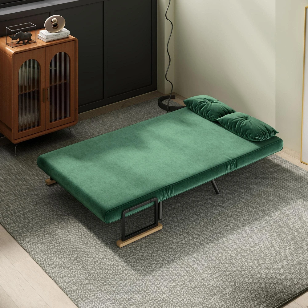 Dvivietė miegamoji sofa, aksominė sofa su miegojimo funkcija, įskaitant 2 pagalvėles, aksominė išvaizda, natūrali + žalia