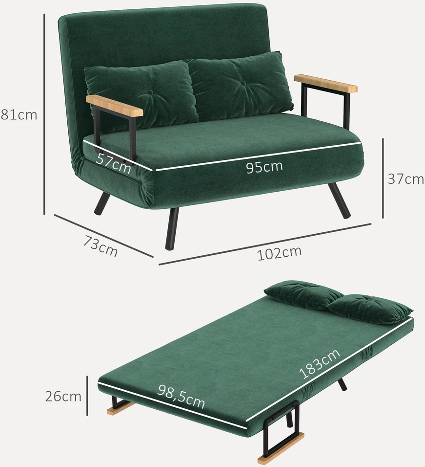 Dvivietė miegamoji sofa, aksominė sofa su miegojimo funkcija, įskaitant 2 pagalvėles, aksominė išvaizda, natūrali + žalia