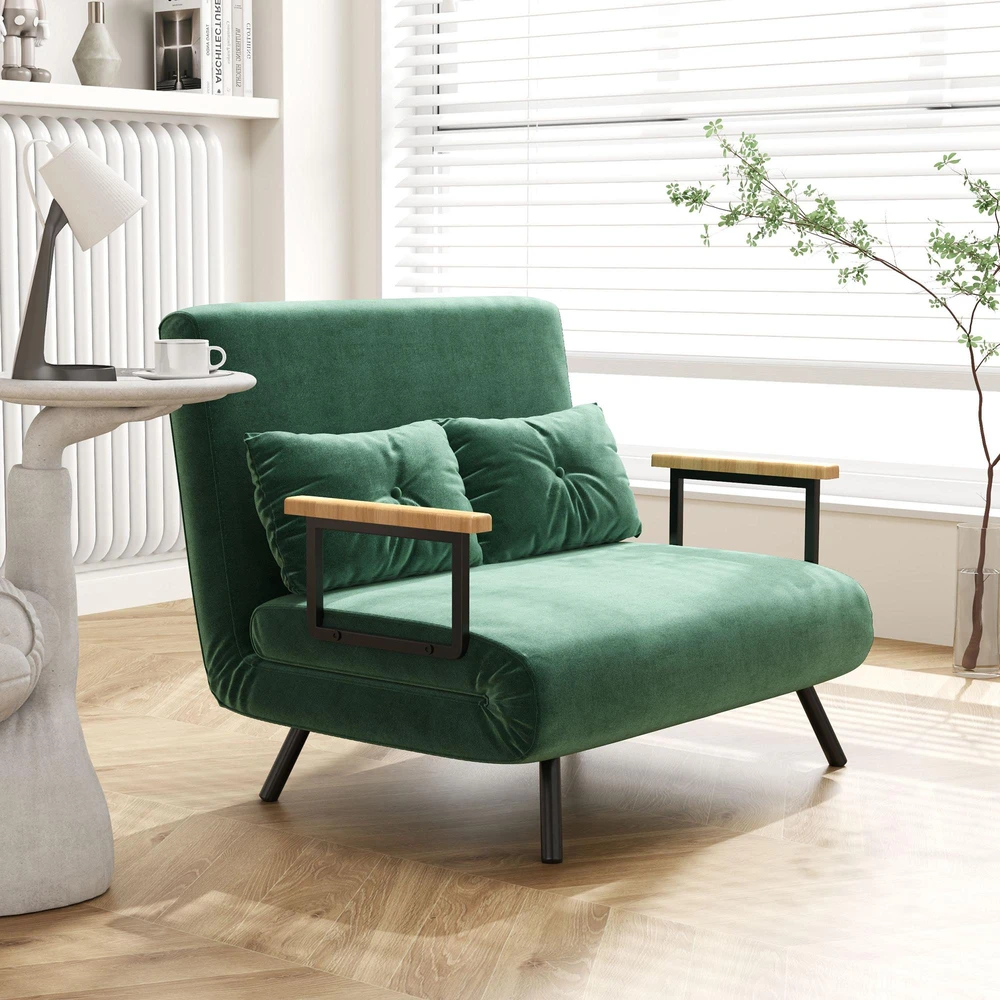 Dvivietė miegamoji sofa, aksominė sofa su miegojimo funkcija, įskaitant 2 pagalvėles, aksominė išvaizda, natūrali + žalia