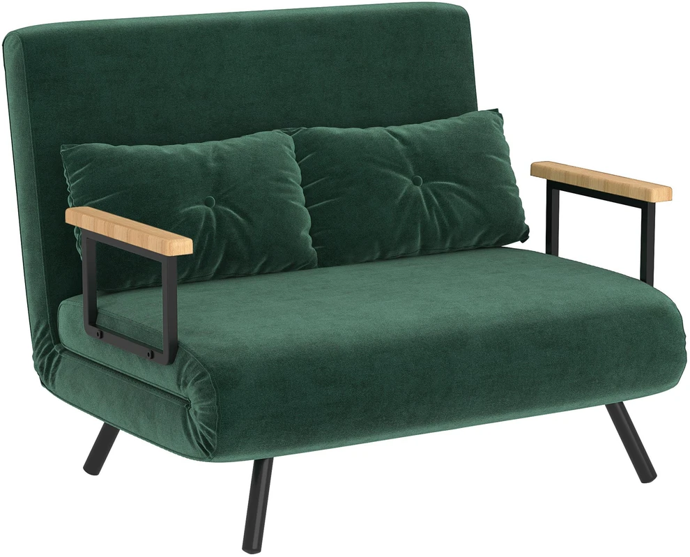 Dvivietė miegamoji sofa, aksominė sofa su miegojimo funkcija, įskaitant 2 pagalvėles, aksominė išvaizda, natūrali + žalia