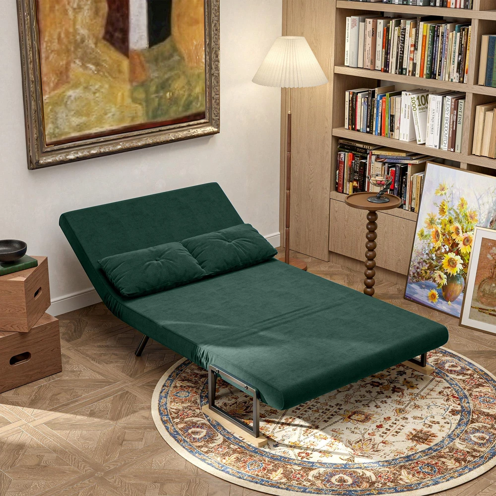 Dvivietė miegamoji sofa, aksominė sofa su miegojimo funkcija, įskaitant 2 pagalvėles, aksominė išvaizda, natūrali + žalia
