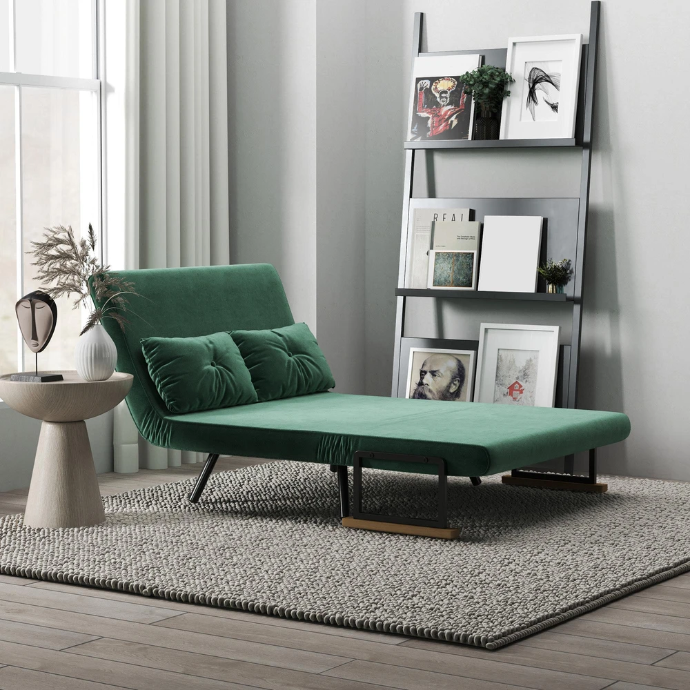 Dvivietė miegamoji sofa, aksominė sofa su miegojimo funkcija, įskaitant 2 pagalvėles, aksominė išvaizda, natūrali + žalia