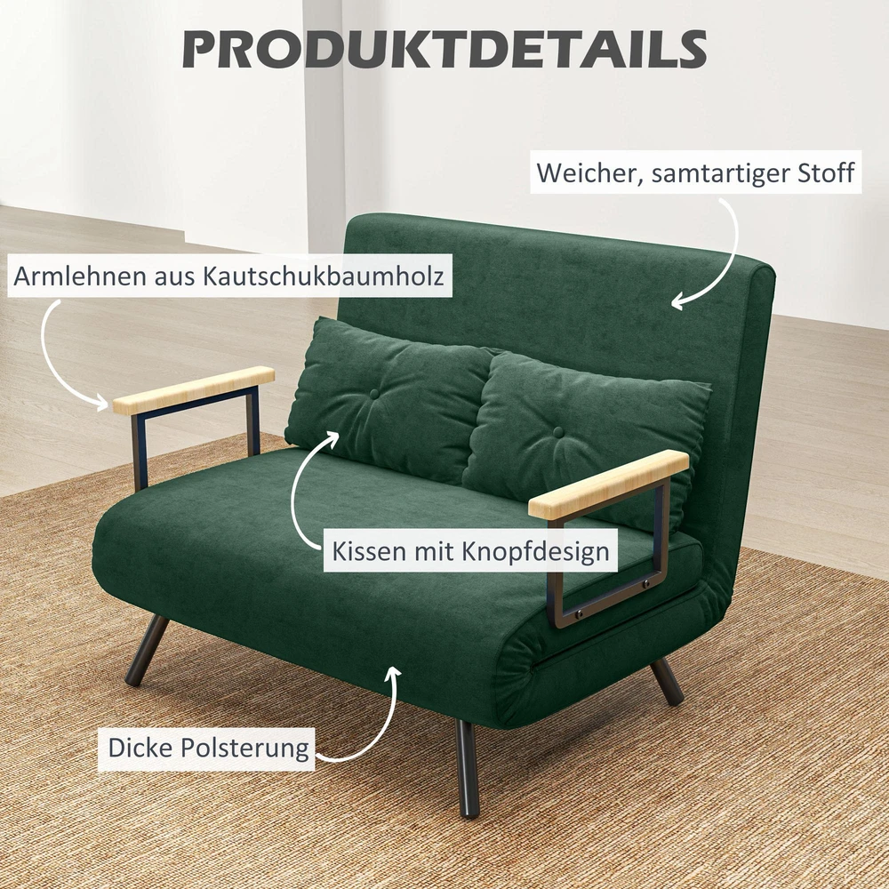 Dvivietė miegamoji sofa, aksominė sofa su miegojimo funkcija, įskaitant 2 pagalvėles, aksominė išvaizda, natūrali + žalia
